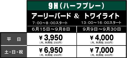 ハーフプレー料金表